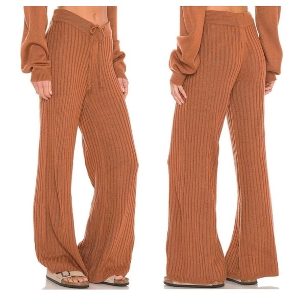 SNDYS x REVOLVE Rust Ribbed Knit High Waisted Flared Wide Leg Pants Size S - Picture 3 of 5